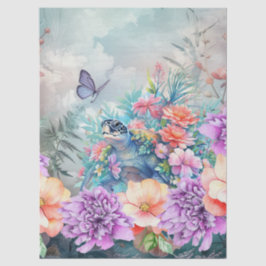 Papel De Seda Gran tortuga tropical de mar y flores acuáticas