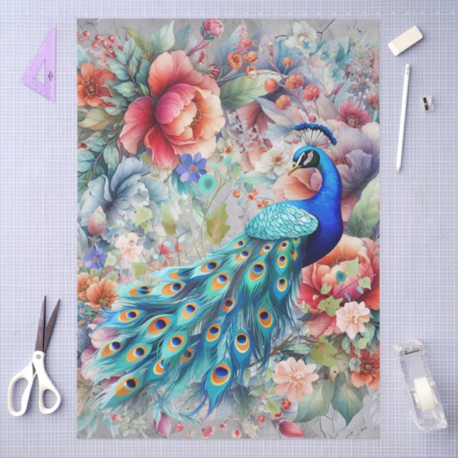 Papel De Seda Gran y elegante desenlace de pavo real y florals (Artesanía)