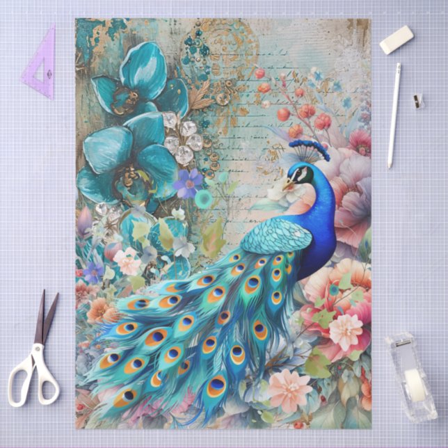 Papel De Seda Gran y elegante desenlace de pavo real y florals (Artesanía)