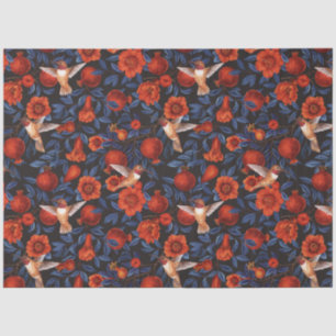 Papel De Seda Granadas y colibríes/hojas azules en negro