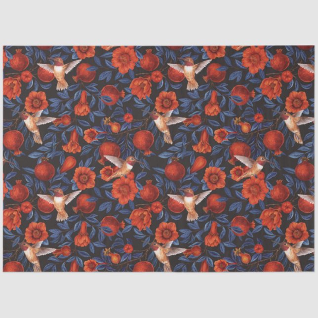 Papel De Seda Granadas y colibríes/hojas azules en negro (Anverso)