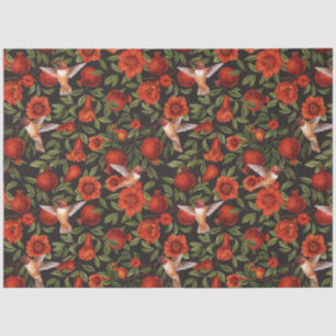 Papel De Seda Granadas y colibríes/hojas verdes en negro