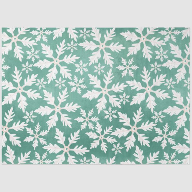 Papel De Seda Grandes copas de nieve blancas cayendo fondo verde (Anverso)