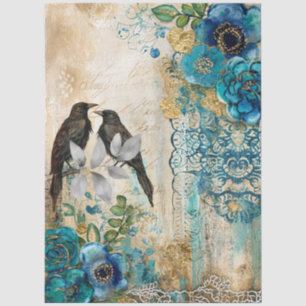 Papel De Seda Grandes Florales y Ravens de oro azul Verde azulad