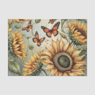Papel De Seda Grandes girasoles abiertos con mariposas monarca