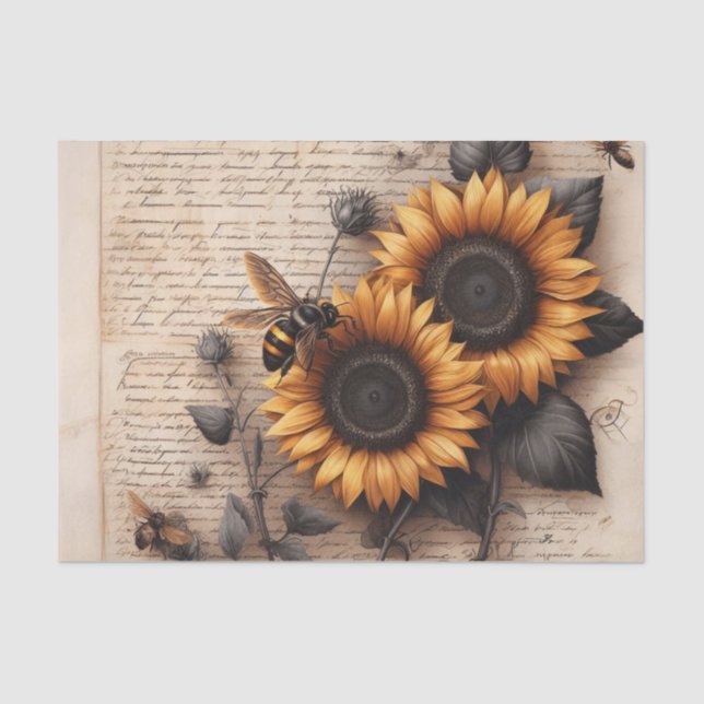 Papel De Seda Grandes girasoles con abejas en escritura (Anverso)