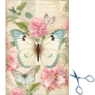 Papel De Seda Grandes mariposas crema azul verdoso Flores rosada