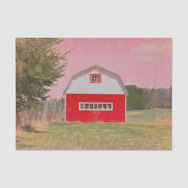 Papel De Seda Granero Roj Blanco Granja Cielo Rosa (Anverso)