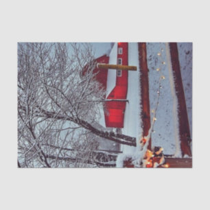 Papel De Seda Granero rojo nevado con luces de Navidad en la cer