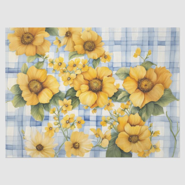 Papel De Seda Granja Casa Azul Gingham con Flores Amarillas (Anverso)