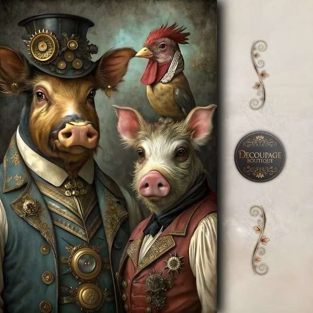 Papel De Seda Granja de Animales Steampunk Caprichosa Decoupage  (Steampunk Farm Animal Portrait – Whimsical Vintage Art Decoupage Tissue Paper)