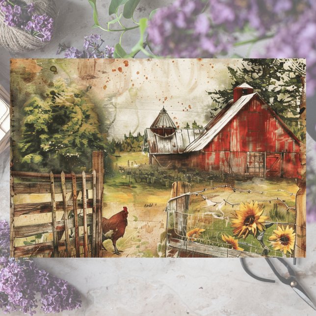 Papel De Seda Granja de huerta con pollos (Farmyard Barn with Chicken Decoupage Tissue Paper)