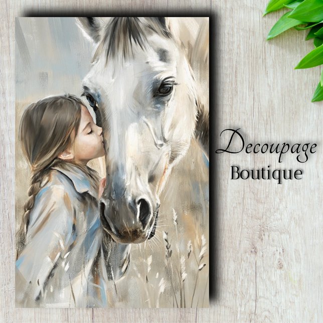Papel De Seda Granja de Niña y Caballo Blanco Decoupage Campestr (Boy with Puppy Rustic Vintage Decoupage Tissue Paper)