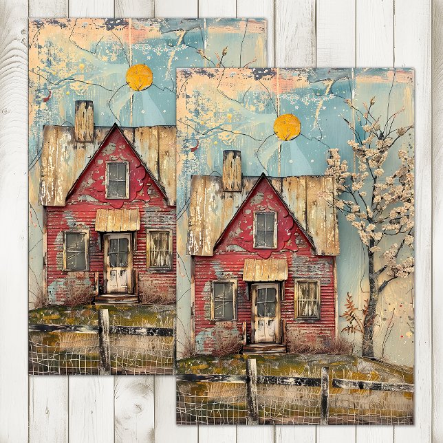 PAPEL DE SEDA GRANJA ROJA DESASTRADA DECOUPAGE DE MEDIOS MIXTOS (SHABBY RED FARMHOUSE MIXED MEDIA DECOUPAGE TISSUE PAPER)