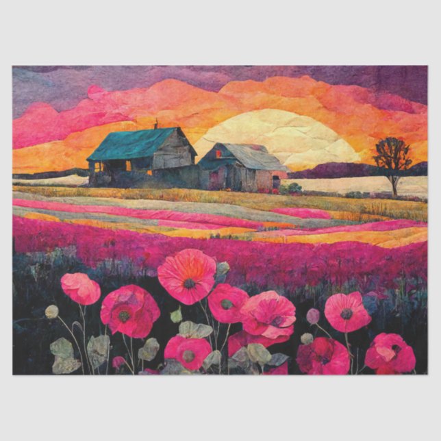 Papel De Seda Granja rosa de amapola al atardecer, vibrante deco (Anverso)