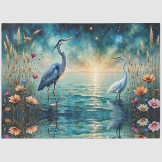 Papel De Seda Great blue Heron & Egret flowers in water (Anverso)