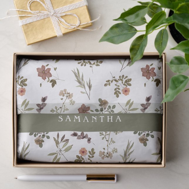 Papel De Seda Green Burgundy Wildflower Monogram Name (Regalo )