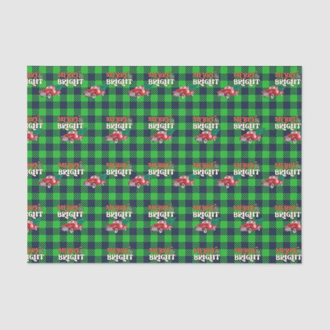 Papel De Seda Green Plaid Merry Bright Red Truck Holiday (Anverso)