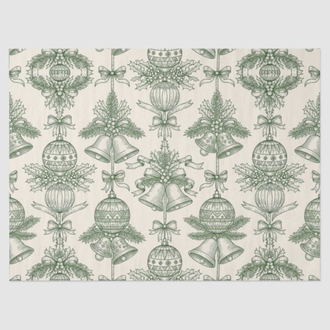 Papel De Seda Green Toile Christmas Bells & Ornaments Pattern (Anverso)