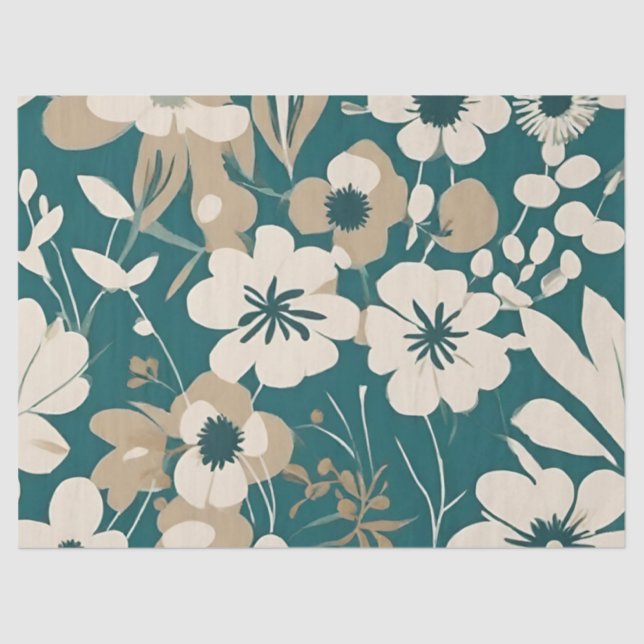 Papel De Seda Groovy Verde azulado Tan Flowers (Anverso)