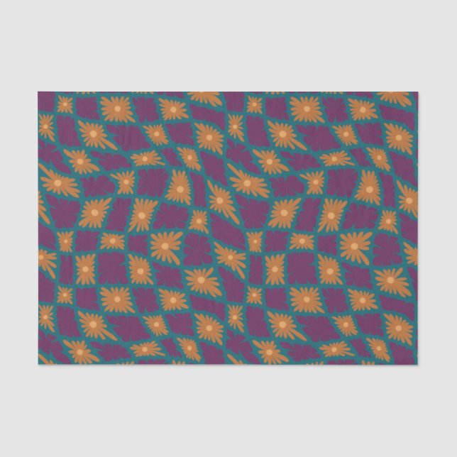 Papel De Seda Groovy Wavy Trippy Naranja Cheques de flores de 60 (Anverso)