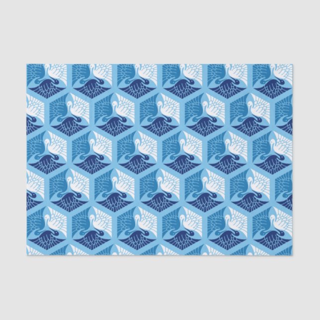 Papel De Seda Grullas japonesas, marina, blanco y azul claro (Anverso)