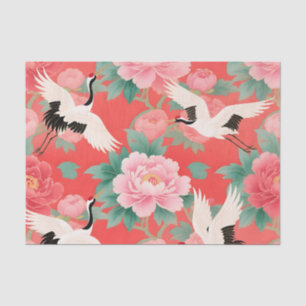 Papel De Seda Grullas Japonesas Peonías Rojo Chinoiserie Eleganc