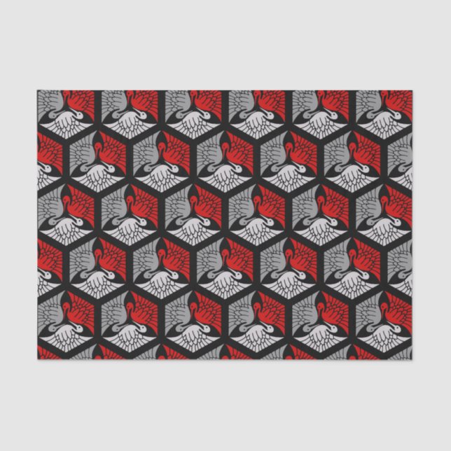 Papel De Seda Grullas japonesas, rojas, grises, grises y negros (Anverso)