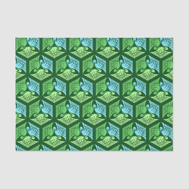 Papel De Seda Grullas japonesas, verde jade y azul claro (Anverso)