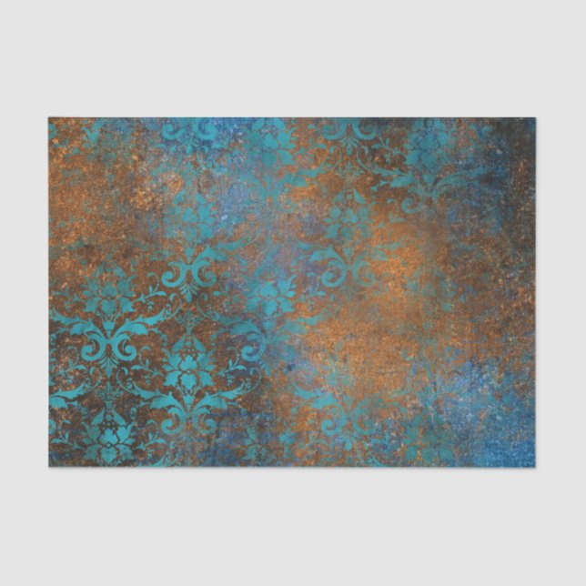 Papel De Seda Grunge Boho Copper Blue Floral Damask (Anverso)