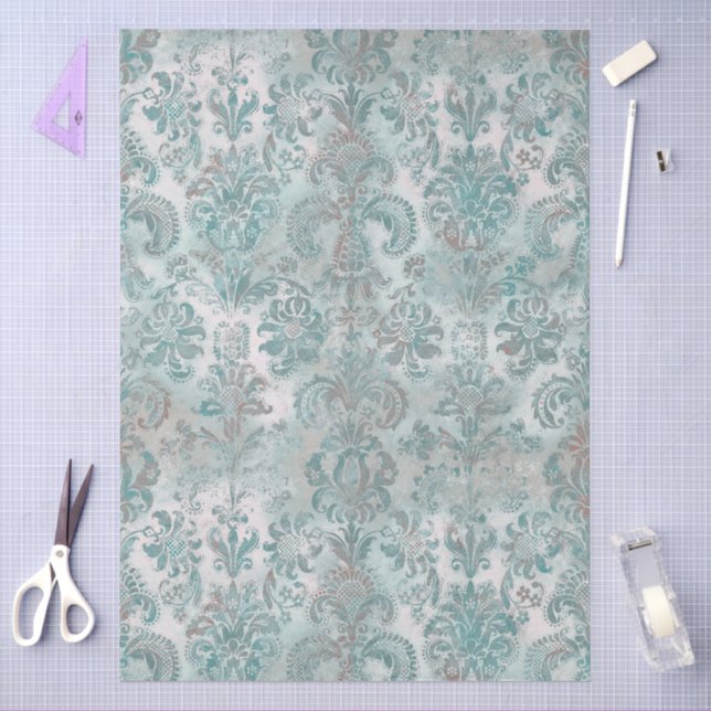 Papel De Seda Grunge Damask Aqua Menta Azul Rosado (Artesanía)
