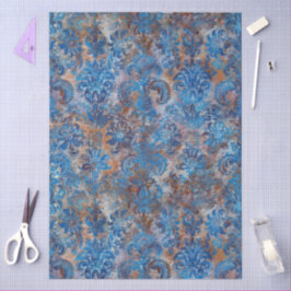 Papel De Seda Grunge Damask Azul Cobalto Oxidado Naranja
