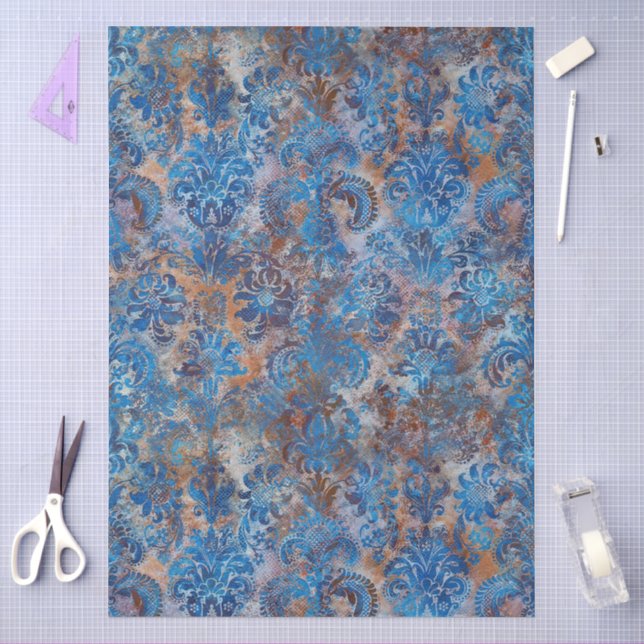 Papel De Seda Grunge Damask Azul Cobalto Oxidado Naranja (Artesanía)
