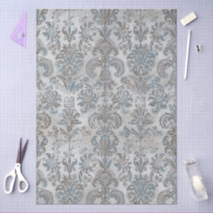 Papel De Seda Grunge Damask Beige Azul Cielo Crema Gris