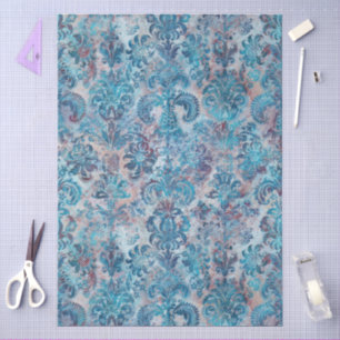 Papel De Seda Grunge Damask Denim Azul Burdeos Melocotón Rubor R