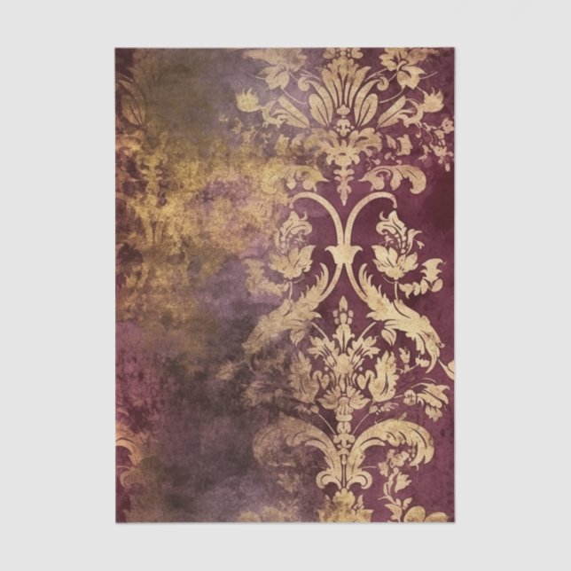 Papel De Seda Grungy Burgundy Wine and Gold Damask Pattern (Anverso)