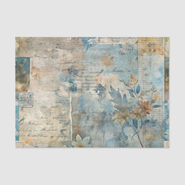 Papel De Seda Grungy Distressed Blue Floral Ephemera Collage (Anverso)