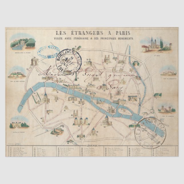 Papel De Seda Guía del Mapa de Monumentos de París (Anverso)