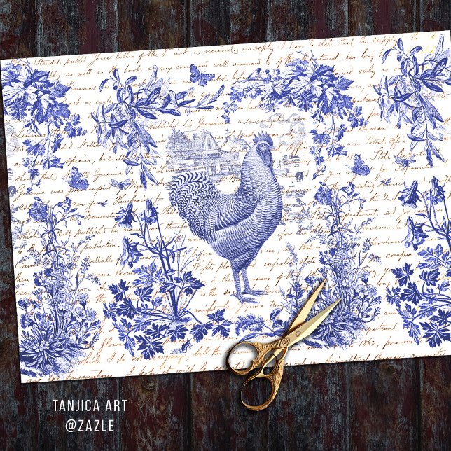 Papel De Seda Guión floral anticuado de gallo azul de gallo (Subido por el creador)