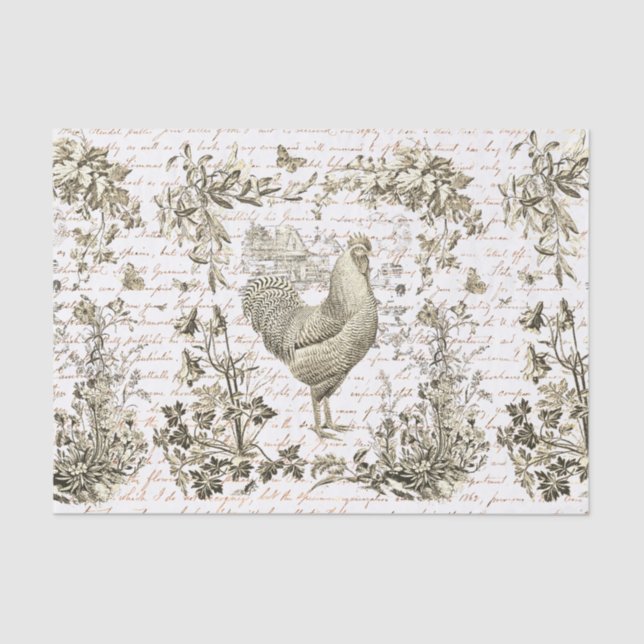 Papel De Seda Guión floral antiguo de gallo de época beige (Anverso)