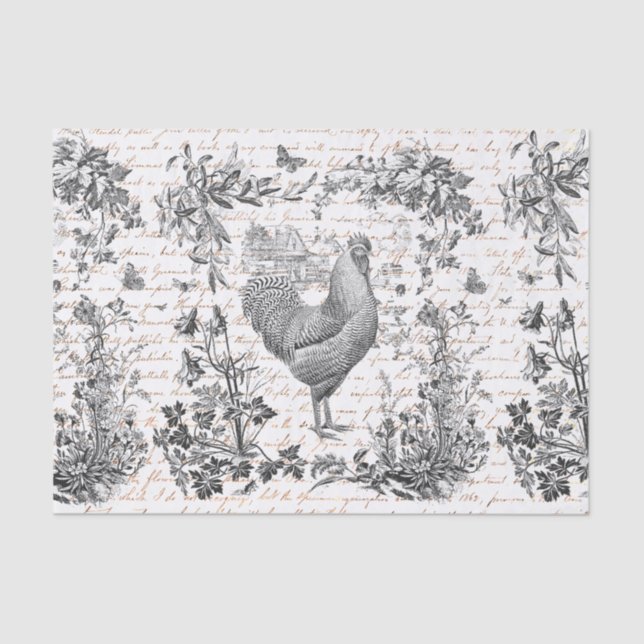 Papel De Seda Guión floral gris de gallo antiguo (Anverso)