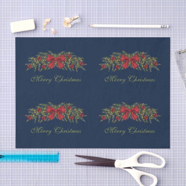 Papel De Seda Guirnalda de Navidad con un lazo rojo y adornos (Artesanía)