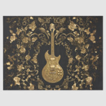 Guitarra Dorada En Jardín Dorado Sobre Negro