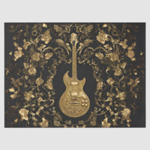 Papel De Seda Guitarra Dorada En Jardín Dorado Sobre Negro