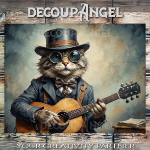 Papel De Seda Guitarra Jugando Gato -Decoupage-