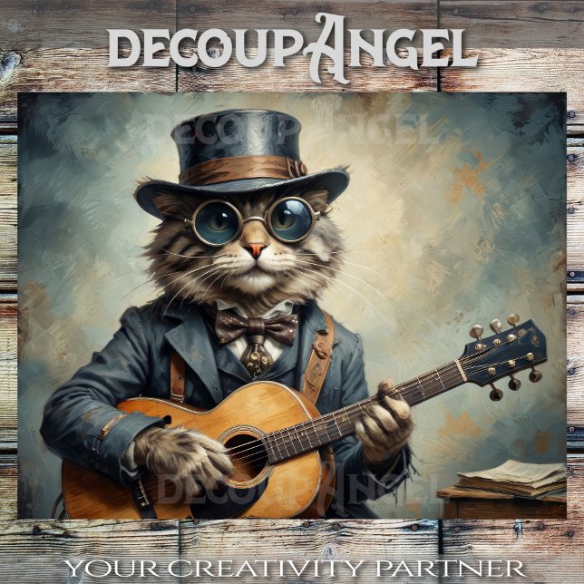 Papel De Seda Guitarra Jugando Gato -Decoupage- (Subido por el creador)