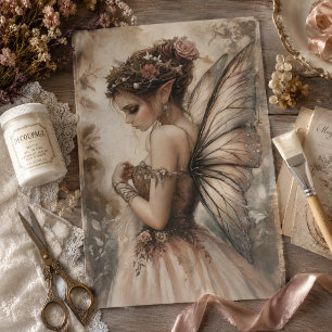 Papel De Seda Hada Caprichosa con Rosas Rosadas Arte de Decoupag