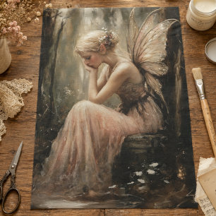 Papel De Seda Hada de fantasía sentada en un tronco de madera De