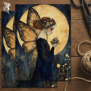 Papel De Seda Hada mágica nocturna con flores bajo luna de oro