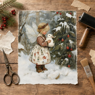 Papel De Seda Hada Vintage y Conejo junto al Árbol de Navidad en